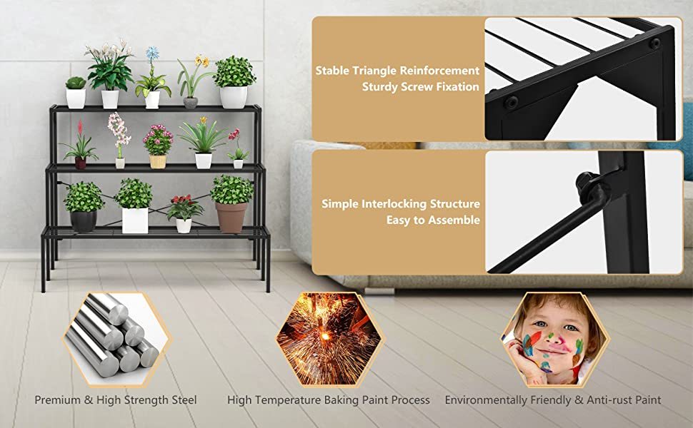 Outdoor 3 Tiers Metal Plant Stand Ladder Flower Pots Holders for Home Garden