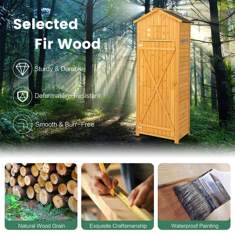 71" Tall Wooden Storage Shed with Lockable Doors & Foldable Work Table, Waterproof Outdoor Cabinet with Removable Shelves for Patio, Backyard, Deck