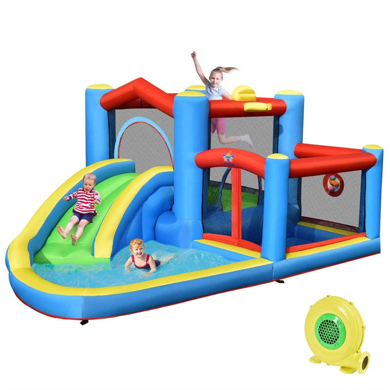 Inflatable Water Slide Mighty Bounce House Jumper Water Park with Slide, Splash Pool, Target Balls & 480W Blower for Kids Indoor Outdoor Party Fun