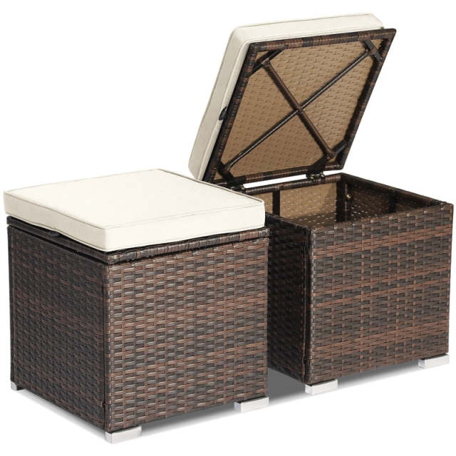 2PCS Wicker Patio Ottomans Hand-Woven PE Rattan Multipurpose Outdoor Footstool Side Table with Removable Cushions & Hidden Storage Box
