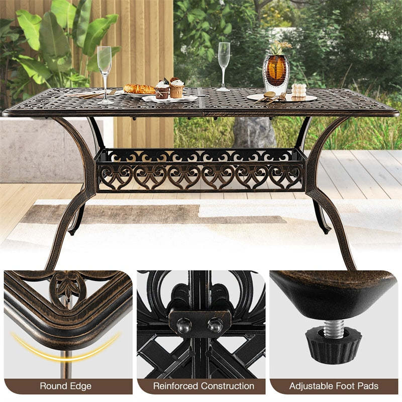59" Cast Aluminum Outdoor Dining Table for 6-8 Person, All-Weather Rectangular Table with Umbrella Hole