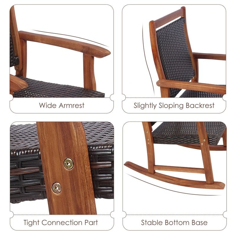 3 Piece Patio Rattan Rocking Chair Bistro Set Acacia Wood Outdoor Rocker with Side Table