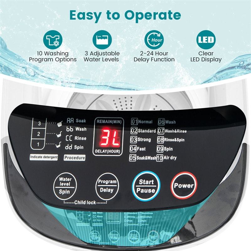 Full Automatic Portable Washing Machine 7.7lbs Capacity Compact Washer Spin Dryer Combo with Drain Pump