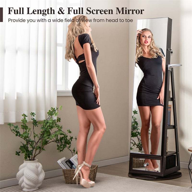 360° Swivel Jewelry Cabinet Armoire, Full-Length Mirror with LED Lockable Jewelry Organizer, Hairdryer Holder, Drawer, Rear Storage Shelves