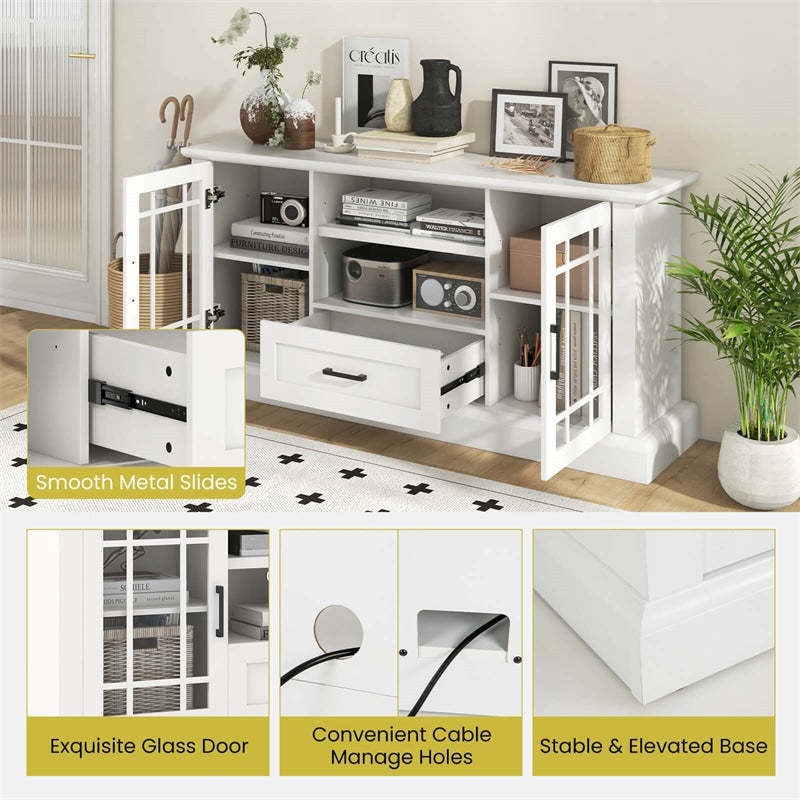 Farmhouse TV Stand for TVs up to 70", Entertainment Center Tall Media Console with 2 Glass Doors, Cubbies & Drawer, Living Room Storage Cabinet