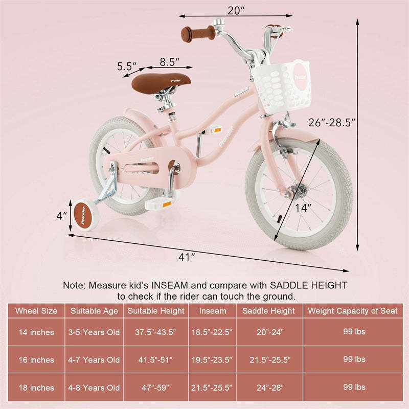 14" Kids Bike, Toddler Bicycle Girls Boys Bike for 3-8 Years Old with Training Wheels Adjustable Seat Removable Basket