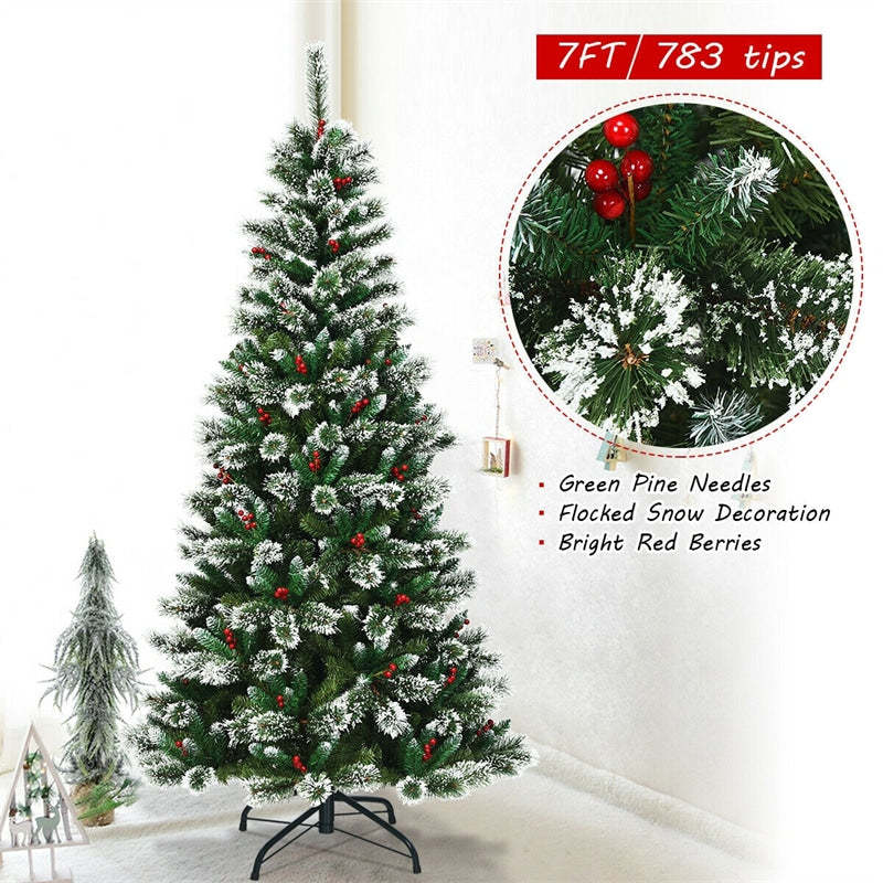 7ft Snow Flocked Higned Artificial Pencil Christmas Tree with Red Berries