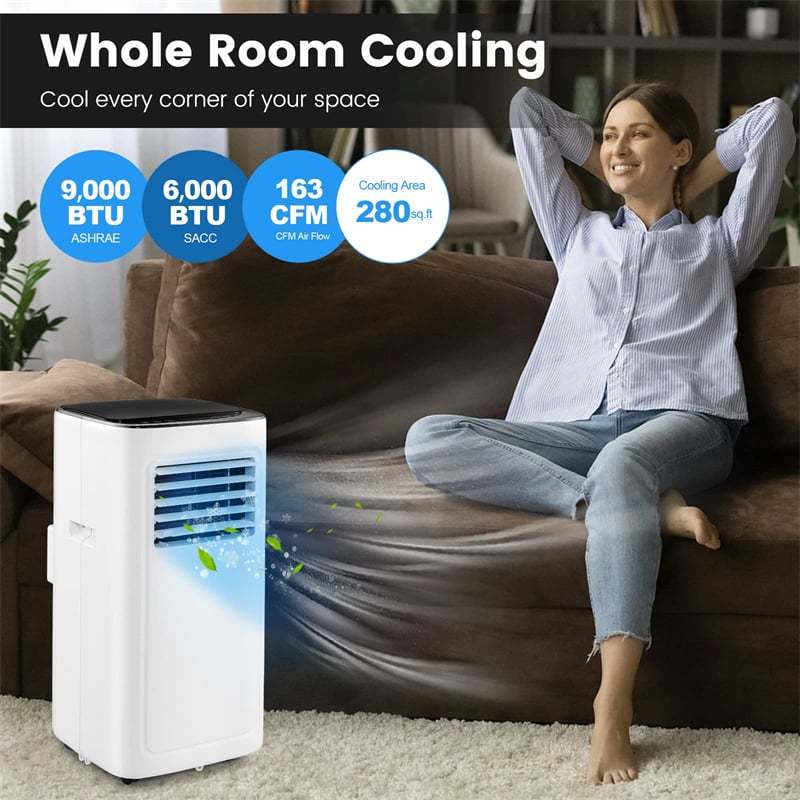 9000 BTU Portable Air Conditioner, 3-in-1 AC Cooling Unit with Dehumidifier, Remote Control & Window Kit for Rooms up to 280 Sq.Ft