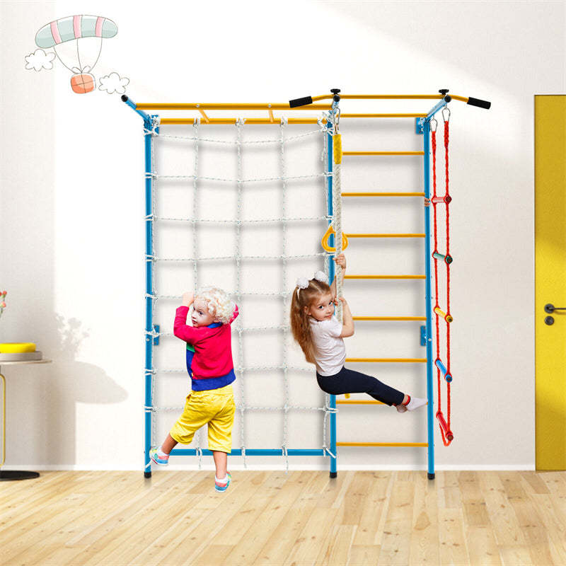 7-in-1 Kids Indoor Jungle Gym, Steel Swedish Wall Ladder Set with Pull-Up Bar, Rope & Gymnastic Rings, Home Climber Ladder Playground for Boys Girls