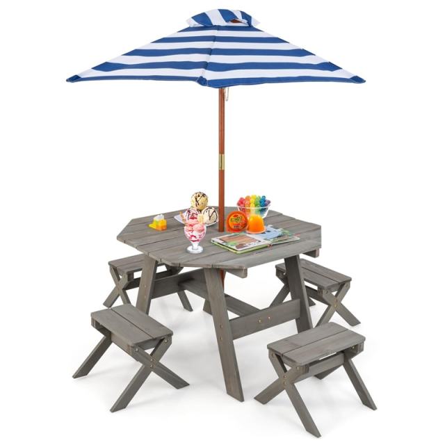 Kids Picnic Table & Bench Set, Fir Wood Octagon Table with Chairs & Removable Umbrella, Toddler Activity Furniture for Patio Garden Backyard