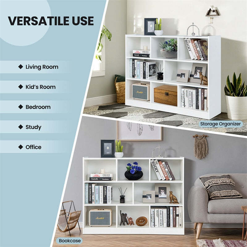 Wood 8-Cube Open Bookcase 3-Tier Storage Bookshelf Modern Multipurpose Display Organizer Cabinet for Kids Playroom, Living Room, Study