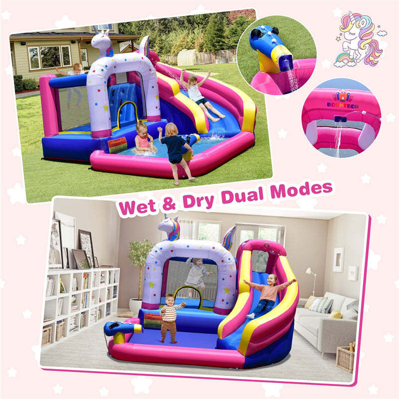 Unicorn Inflatable Water Slide Bounce House for Kids with 480W Blower