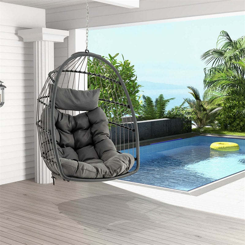 Foldable Wicker Hanging Egg Chair Indoor Outdoor Basket Swing Chair with Large Seat Cushion Soft Pillow & Hanging Kit Chain