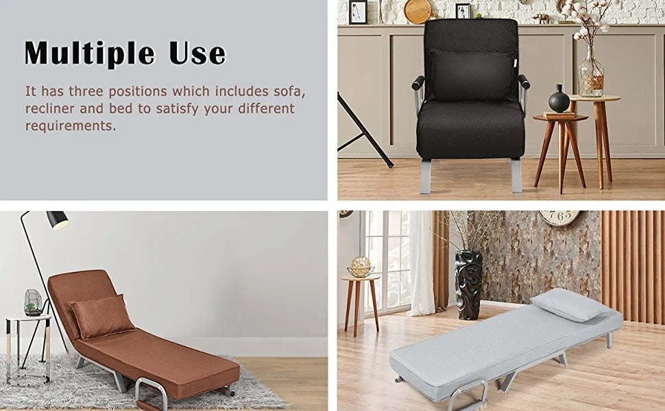 Convertible Sleeper Chair Bed Folding Armchair 5-Position Adjustable Lounge Couch Bed with Pillow