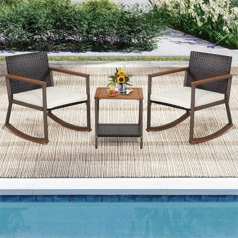 3-Piece Rattan Rocking Bistro Set w/ Cushions, Acacia Wood Top Coffee Table & Storage Shelf, Patio Conversation Set for Balcony, Porch, Poolside