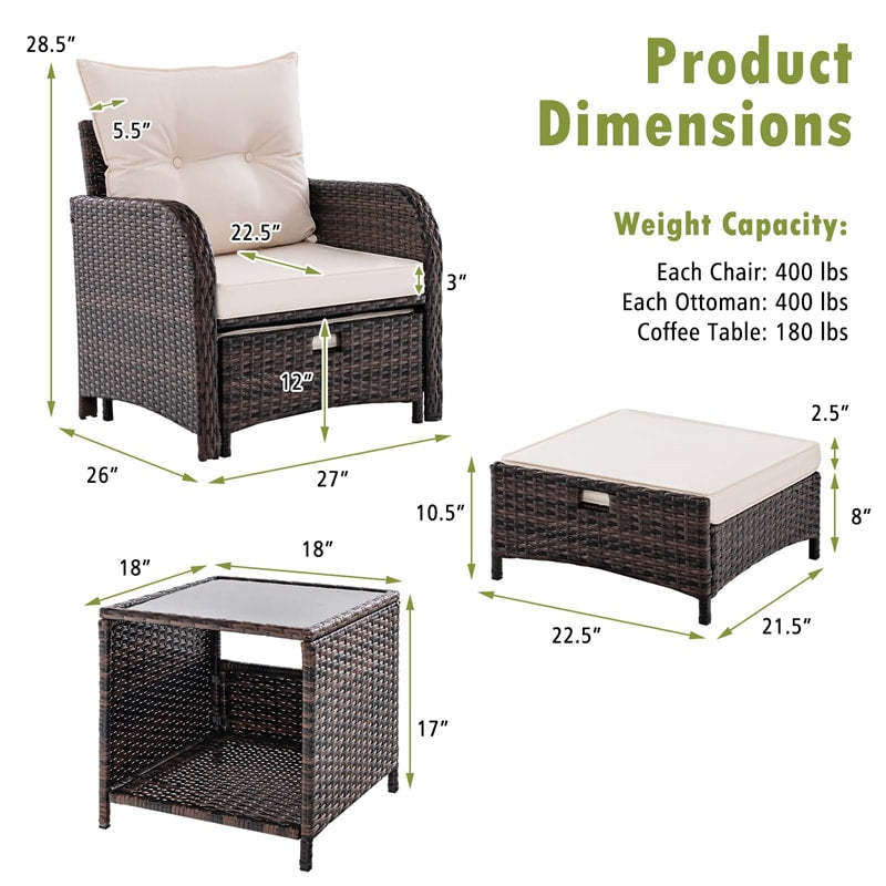5PCS Wicker Patio Conversation Set Space Saving Rattan Sofa Set Outdoor Cushioned Chairs with 2 Ottomans & Tempered Glass Coffee Table for Backyard