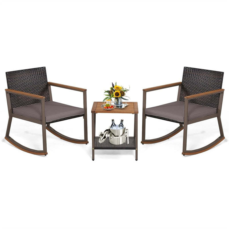 3-Piece Rattan Rocking Bistro Set w/ Cushions, Acacia Wood Top Coffee Table & Storage Shelf, Patio Conversation Set for Balcony, Porch, Poolside
