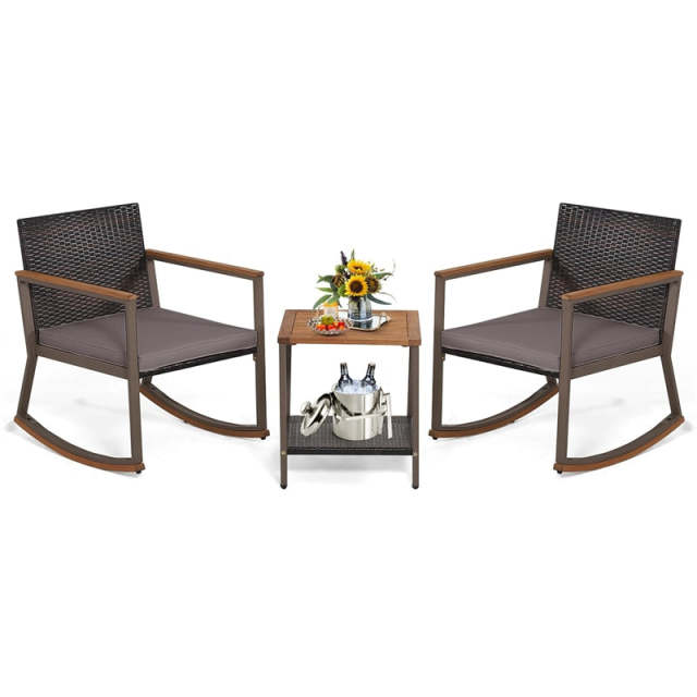 3-Piece Rattan Rocking Bistro Set w/ Cushions, Acacia Wood Top Coffee Table & Storage Shelf, Patio Conversation Set for Balcony, Porch, Poolside