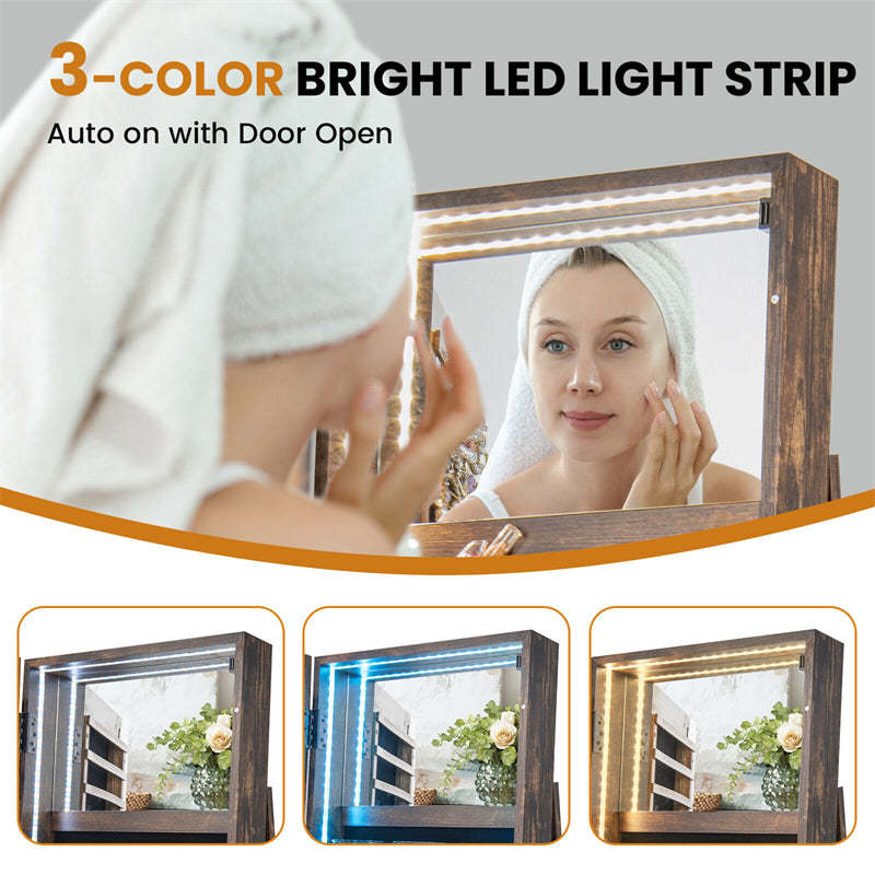 360° Swivel Jewelry Armoire with Full Length Mirror, Adjustable 3-Color LED Lights & Storage Rack, Lockable Standing Jewelry Cabinet Organizer