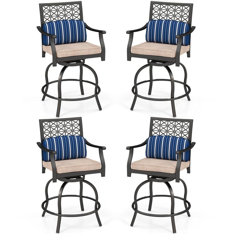 Outdoor Swivel Bar Stools Set of 4, Heavy Duty Metal Counter Height Patio Chairs with Soft Cushions, Lumbar Pillows & Cozy Armrests for Backyard, Deck