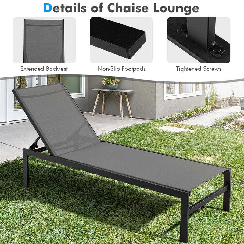 Aluminium Outdoor Chaise Lounge with 6-Position Adjustable Backrest,  Patio Lounge Chair Sun Lounger for Poolside, Backyard, Deck