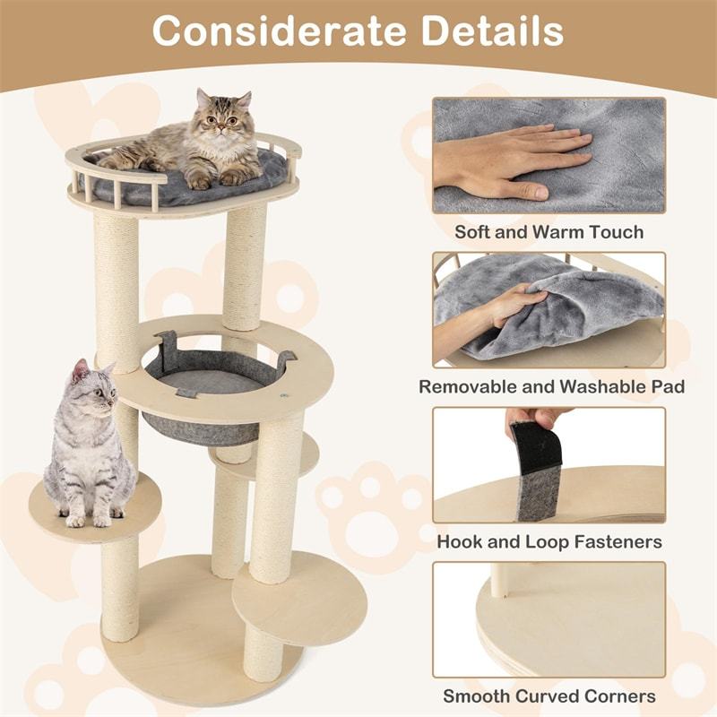 59" Tall Wooden Cat Tree 6-Level Large Modern Cat Tree Tower with Top Padded Perch, Hammock, 3 Platforms, Sisal Scratching Posts for Indoor Cats