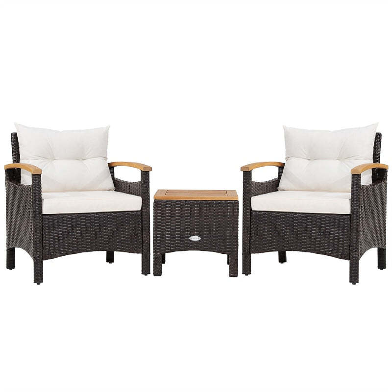 3PCS Patio Rattan Conversation Set Wicker Furniture Set with Cushioned Chairs, Acacia Wood Armrest & Table Top
