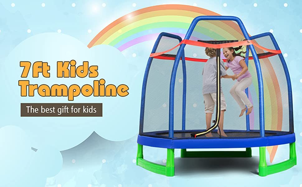 7ft Outdoor Kids Trampoline with Safety Enclosure Net and Spring Pad