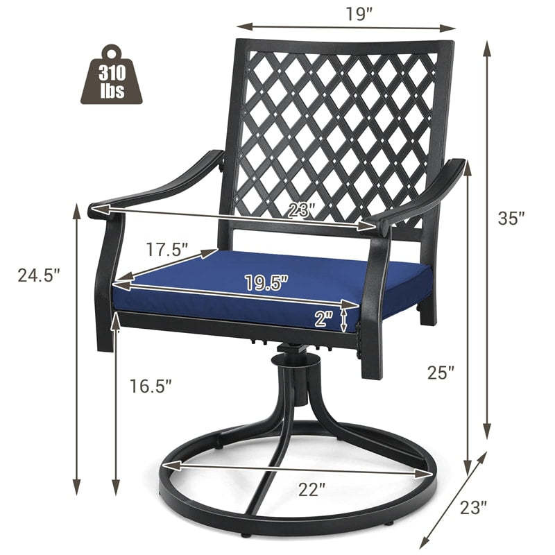 Swivel Patio Dining Chairs Set of 2, Metal Frame Lattice Outdoor Chairs 360 Rotation with Cushions & Curved Armrests for Porch Lawn Garden Yard