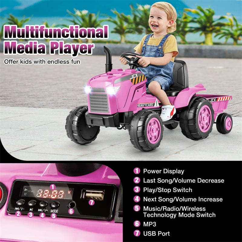 2-in-1 Kids Ride On Tractor with Detachable Trailer, 12V Electric Toy Car with Remote Control & LED Lights, Toddler Tractor for 3-8 Years