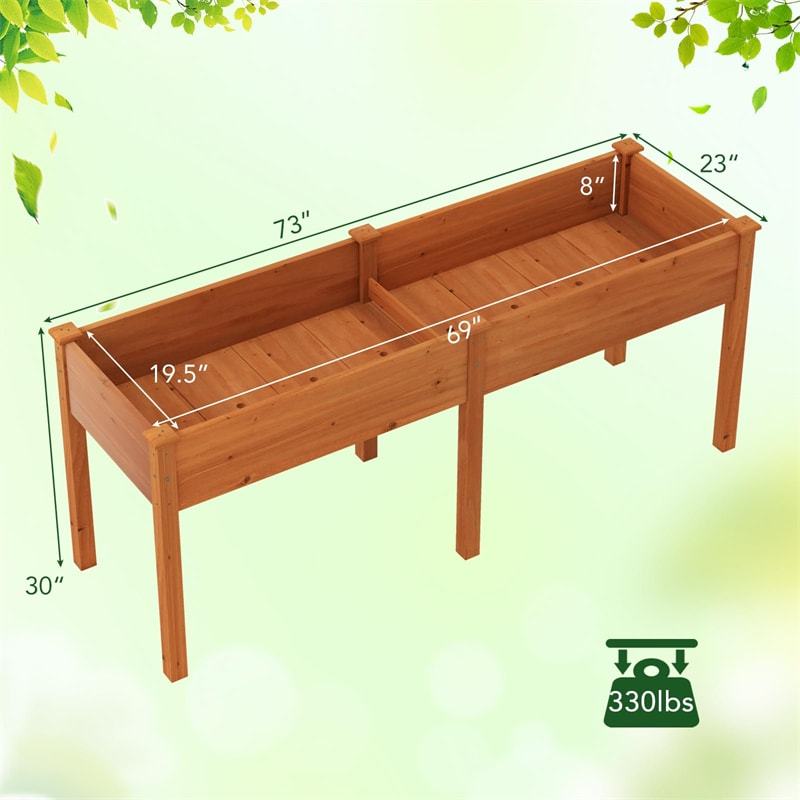 Wood Raised Garden Bed with Legs, Divider Panel & Drainage Holes, 73"x23"x30" Elevated Planter Box for Vegetables, Fruits, Flowers, Herbs