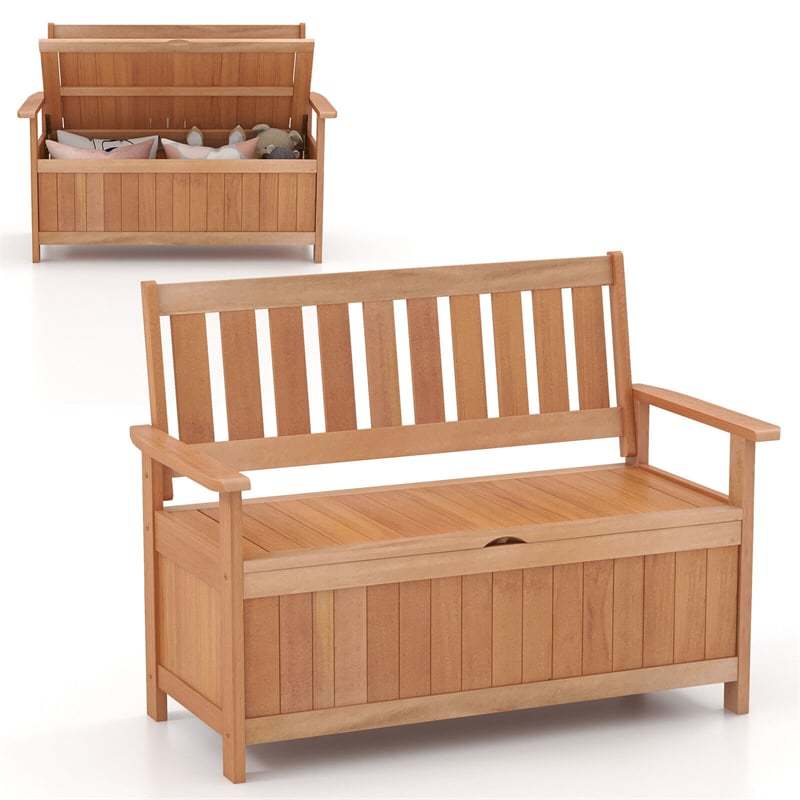 48 Inch Patio Storage Bench Wood Storage Loveseat Entryway Large Deck Box Storage Seat with 34.2 Gal Inner Space & Slatted Backrest