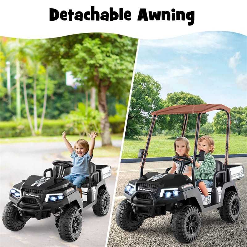 24V Kids Golf Cart, 4WD 2-Seater Electric Ride-On Car with Sun Shade, Storage Trunk, Remote Control & LED Lights for Boys & Girls Ages 3+