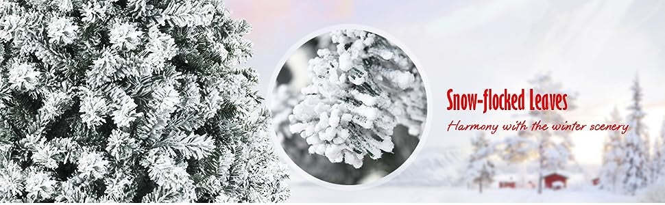 7.5ft Pre-Lit Artificial Christmas Tree Snow Flocked Tree with LED Lights & Metal Stand