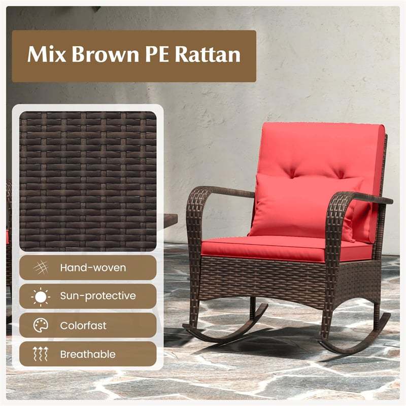 3-Piece PE Rattan Rocking Bistro Set with Removable Cushions & Tempered Glass Table, Outdoor Patio Furniture Set for Porch, Poolside, Backyard