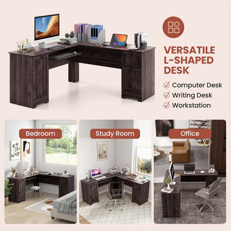 66.5" L-Shaped Home Office Desk Corner Computer Desk Space Saving Desk with Storage Drawers Adjustable Shelf & Keyboard Tray