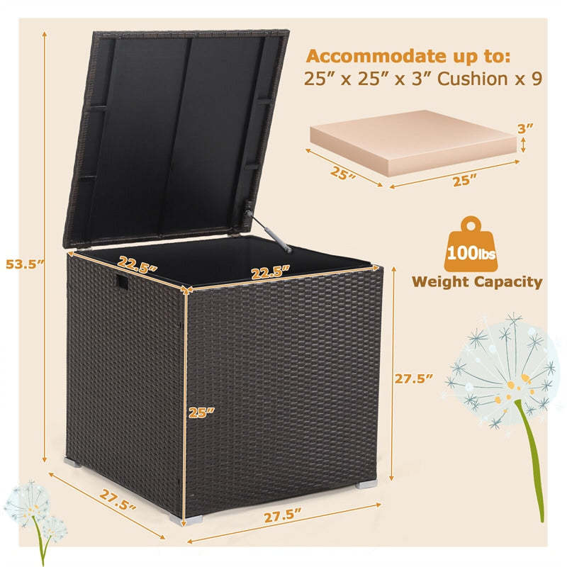 72 Gallon Rattan Wicker Deck Box with Waterproof Zipper Liner & Gas Strut, Outdoor Storage Box for Patio Cushions, Garden Tools, Backyard Accessories