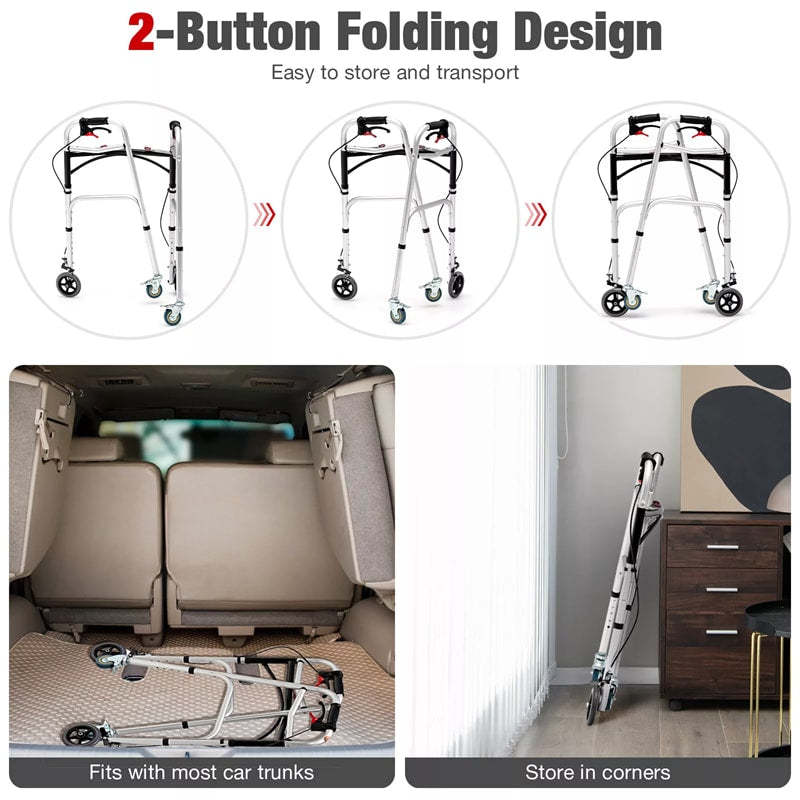 4-in-1 Folding Rollator Walker for Seniors with Seat, Wheels & Brakes, Height Adjustable Stand-Up Walker 350lbs Medical Walking Mobility Aid for Adult