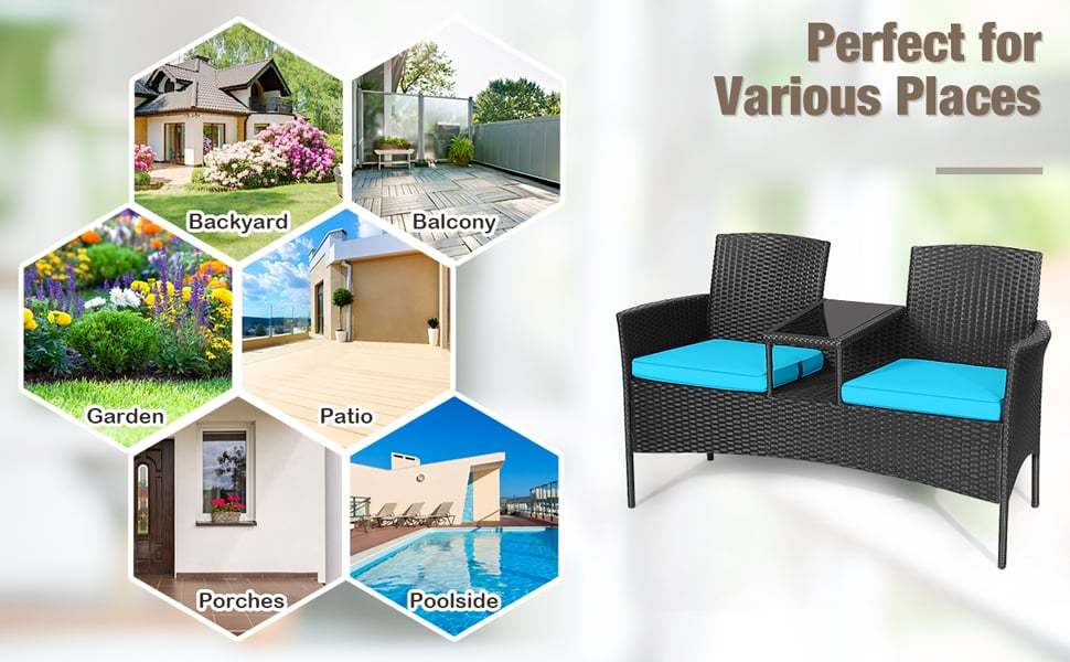 Modern Rattan 2-Seater Patio Furniture Set with Built-in Tempered Glass Table & Removable Cushions, Outdoor Furniture for Backyard, Garden