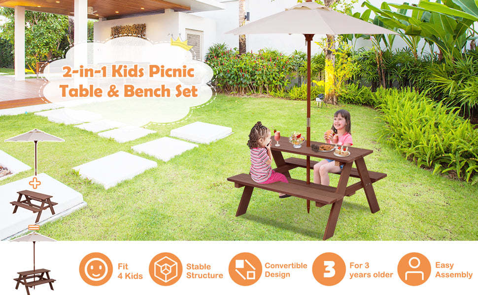 Kids Outdoor Picnic Table Toddler Wood Patio Table & Bench Set with Removable Folding Umbrella for Backyard Garden Lawn