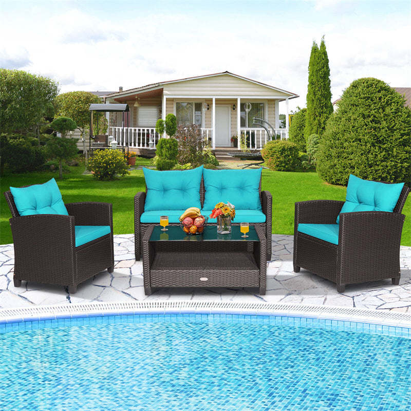 4 Piece Outdoor Rattan Furniture Set, Patio Conversation Set with Lower Shelf Coffee Table, Loveseat, 2 Cushioned Chairs for Garden Backyard