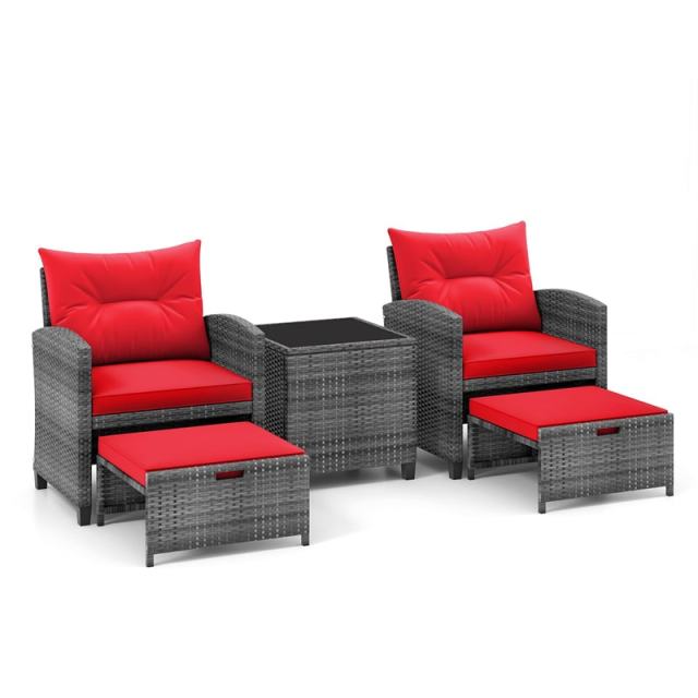 5-Piece Patio Rattan Furniture Set, Wicker Cushioned Chairs with 2 Ottomans & Tempered Glass Coffee Table for Backyard, Lawn, Poolside, Deck