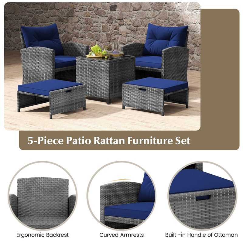 5-Piece Patio Rattan Furniture Set, Wicker Cushioned Chairs with 2 Ottomans & Tempered Glass Coffee Table for Backyard, Lawn, Poolside, Deck