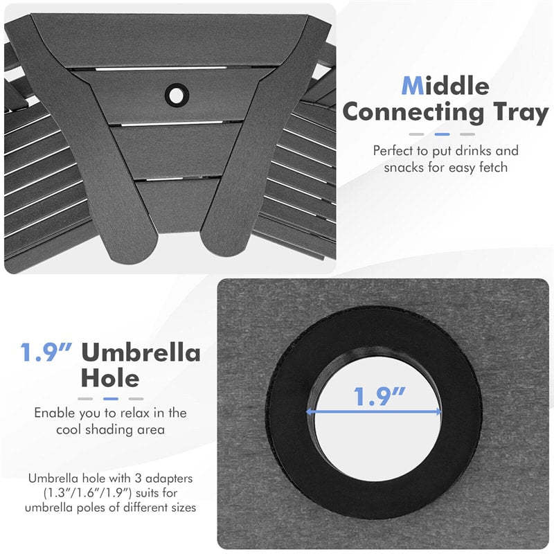 2-Piece HDPE Tall Adirondack Chairs Weather Resistant Barstools with Middle Connecting Tray & Umbrella Hole