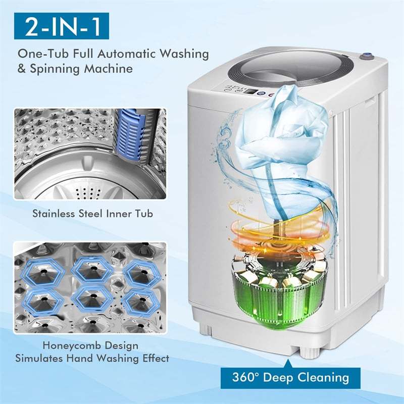 Portable Washing Machine, Full-Automatic Washer & Spin Dryer Combo with Built-in Pump Drain, 8Lbs Capacity Compact Laundry Washer for Apartments, RVs