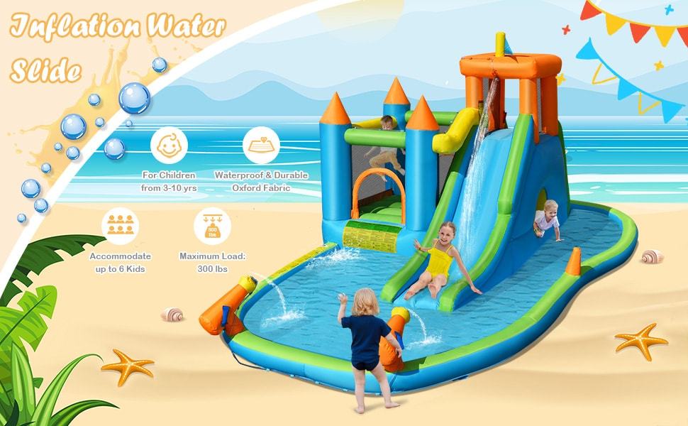 Inflatable Water Slide Bounce House Kids Waterslide Splash Pool Water Park with Ball Pit & 735W Blower for Boys Girls Backyard Party Gifts