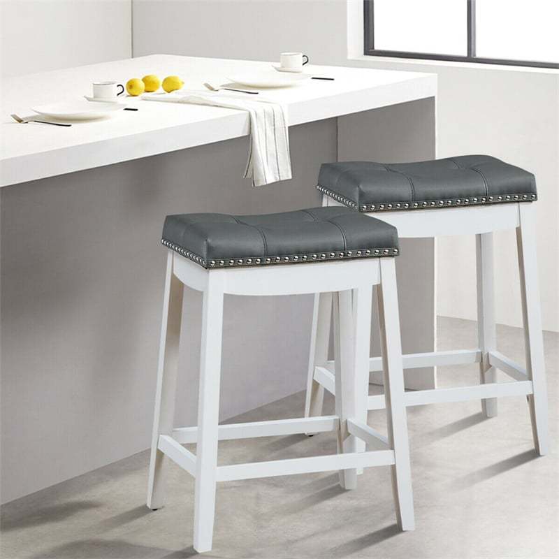 Set of 2 Saddle Seat Bar Stools, 24" Backless Counter Height Barstools with Cushions, Rubber Wood Legs & Footrests for Home Kitchen Living Room