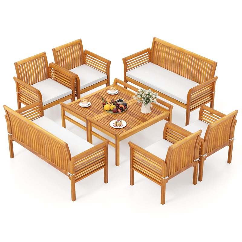 4 Piece Outdoor Acacia Wood Sofa Set with Waterproof Cushions & Coffee Table, Wooden Patio Conversation Set for Backyard, Poolside, Garden
