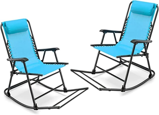 2PCS Folding Zero Gravity Rocking Chairs, High Back Outdoor Camping Rockers with Pillows, Armrests & Footrests, Portable Patio Lawn Chairs
