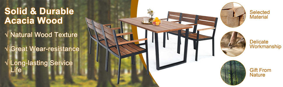 7 Piece Outdoor Patio Dining Table Set with 6 Acacia Wood Armchairs & Umbrella Hole